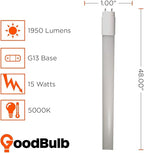 GoodBulb 48-Inch T8 LED Light Bulbs 15-Watt, 5000K Daylight White Color, 1950-Lumens, Type A+B with Medium Bi-Pin Base (Pack of 10 Bulbs)