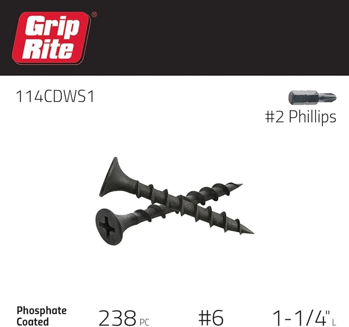 Grip-Rite 114CDWS1#6 X 1-1/4" Phillips Bugle Head Coarse Thread Sharp Point Drywall Screw, 1lb Box