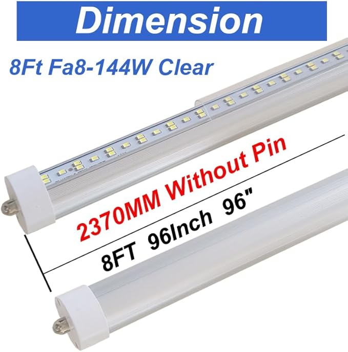 8Ft Led Ballast Bypass Bulbs Single Pin 144W, F96t12 Replacement Single Pin FA8 8 Foot Led Shop Lights, T8 T0 T12 Tube Lights 6500K Clear Cover NO RF FM Interference 12PACK