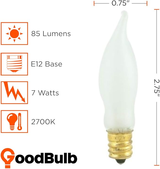 GoodBulb 7 Watt Flame Tip Candelabra Light Bulbs CA6 Frosted Finish E12 Base 2700K Soft White CFF Dimmable 7W 85 Lumens Decorative Chandelier Bulbs Incandescent 12 Pack