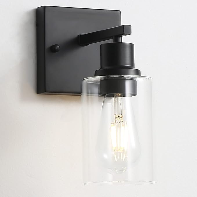 EMONG Single Lights Bathroom Light Fixtures, Matte Black Vanity Light with Glass Shade, Modern Wall Sconces Lighting for Bathroom,Mirror,Farmhouse,Hallway
