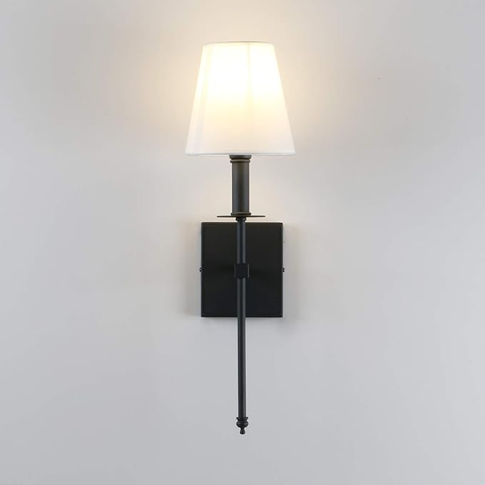 PERMO Single Classic Rustic Wall Sconce Lighting Fixture with Flared White Textile Lamp Shade and Black Tapered Column Stand, Hardwired, E26 Base