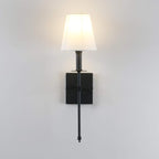 PERMO Single Classic Rustic Wall Sconce Lighting Fixture with Flared White Textile Lamp Shade and Black Tapered Column Stand, Hardwired, E26 Base