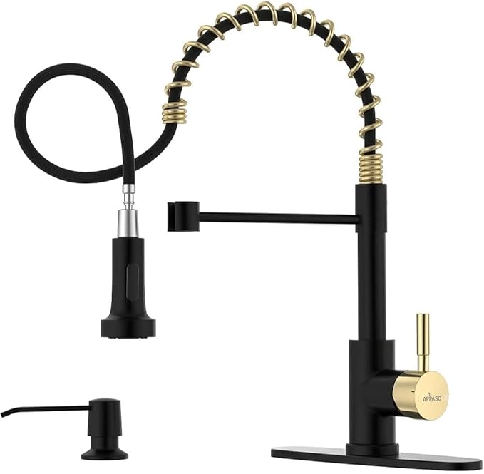 APPASO Black and Gold Touchless Kitchen Faucet with Soap Dispenser, Motion Sensor Activated Hands-Free Automatic Faucet for Sink with Pull Down Sprayer, Single Handle Smart Faucets for Kitchen Sink