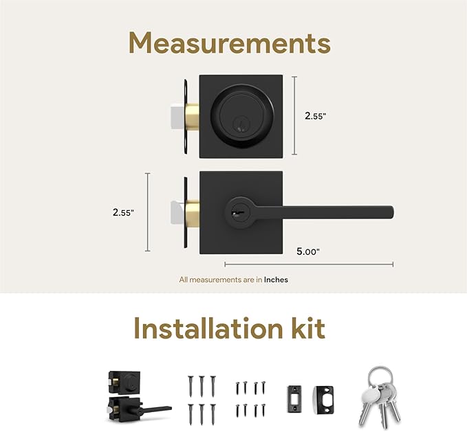 Mega Handles Prime Entrance Combo, Entry Lever Door Handle and Single Cylinder Deadbolt Lock and Key Combo Pack, Heavy Duty Square Locking Door Levers Set for Left or Right-Handed Doors - Matte Black