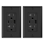 ELEGRP USB Wall Outlets, 20 Amp USB C Wall Outlets Receptacles, Outlets with USB A and USB C Ports, Tamper Resistant Receptacle, Wall Plate Included, UL Listed, 2 Pack, Black