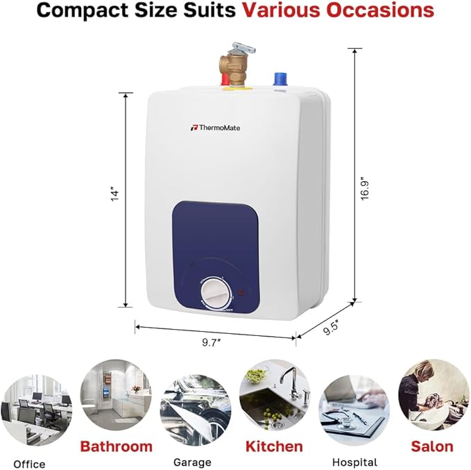 ThermoMate Mini Tank Water Heater Electric UL Listed, ES150B 1.3 Gallon Point of Use Under Sink Water Heater, 120V Corded Wall or Floor Mounted