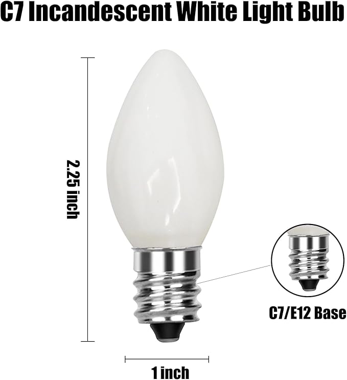 SUNSGNE C7 White Outdoor Christmas Replacement Light Bulbs, 5 Watt E12 Candelabra Base Bulbs - Great for Salt Lamp, Night Lights, Decorative Lights, Christmas Outdoor String Lights, Pack of 25