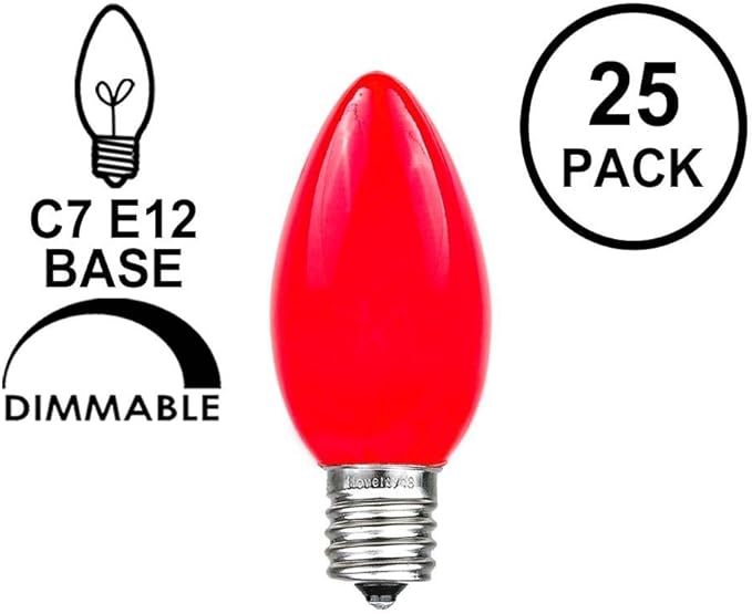 Novelty Lights Ceramic Christmas Replacement Bulbs - Outdoor Individual Bulbs for Events, Holiday Parties, Patios, and More - C7/E12 Candelabra Base, 5 Watt Lights (Red, 25 Pack)