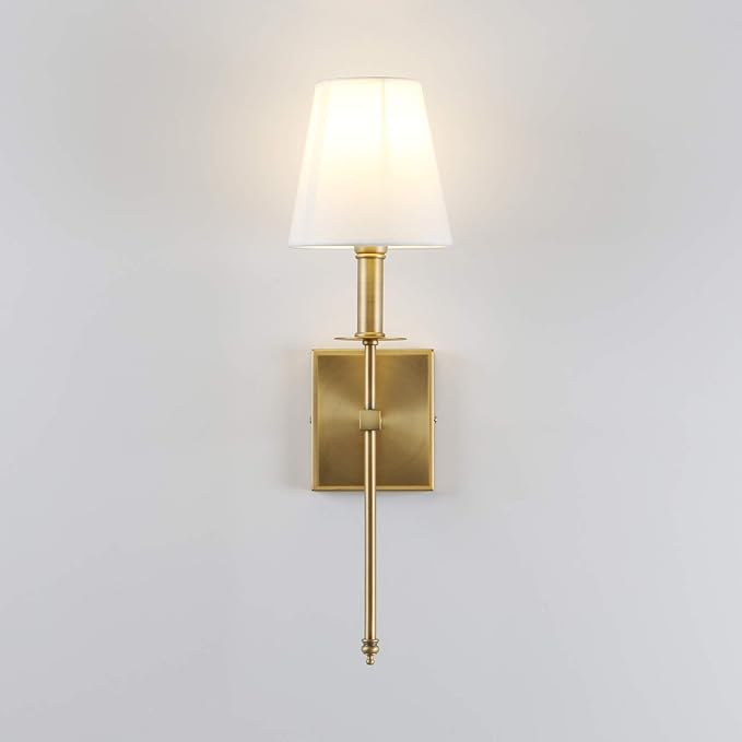 PERMO Single Classic Rustic Industrial Wall Sconce Lighting Fixture with Flared White Textile Lamp Shade and Antique Brass Tapered Column Stand, Hardwired, E26 Base