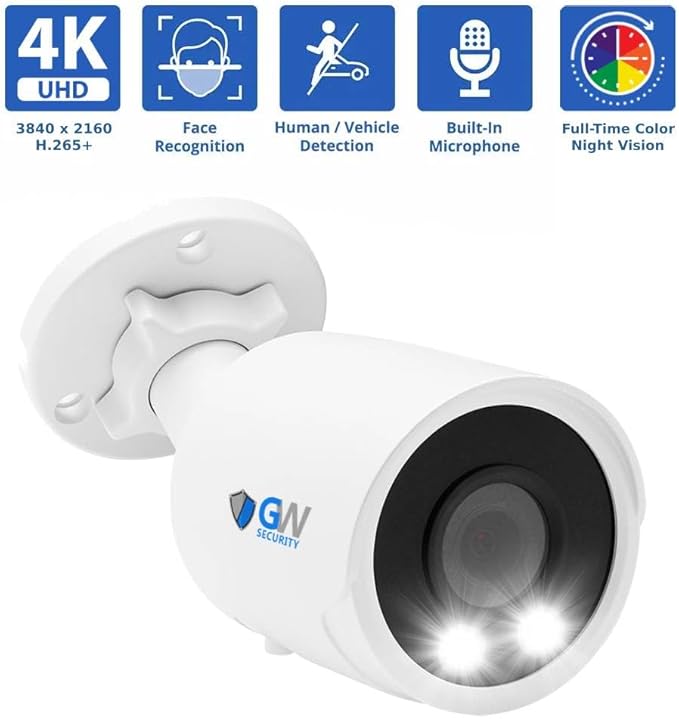 GW Security 8 Channel 12MP NVR 4K AI Face Recognition Human & Vehicle Smart Detection Security Camera System with 8 UHD 8MP 2160P Microphone PoE Outdoor/Indoor Weatherproof IP Security Bullet Camera