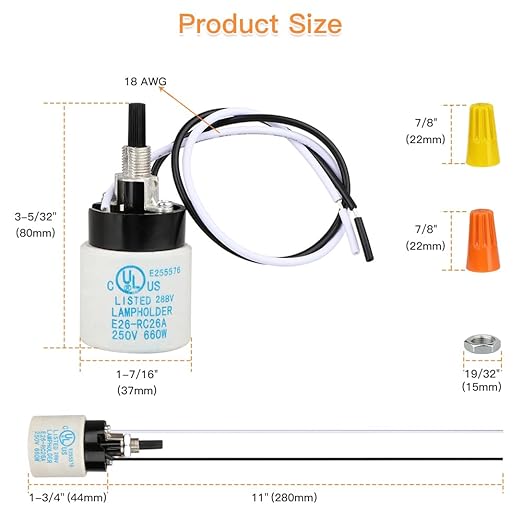 Helunsi E26 E27 Ceramic Lamp Socket with Rotary Knob Switch, Universal Replacement Porcelain ON OFF Turn Switch Light Bulb Socket, E26 Medium Base Lamp Holder with Threaded Nuts and Wire Lead - 2 Pack