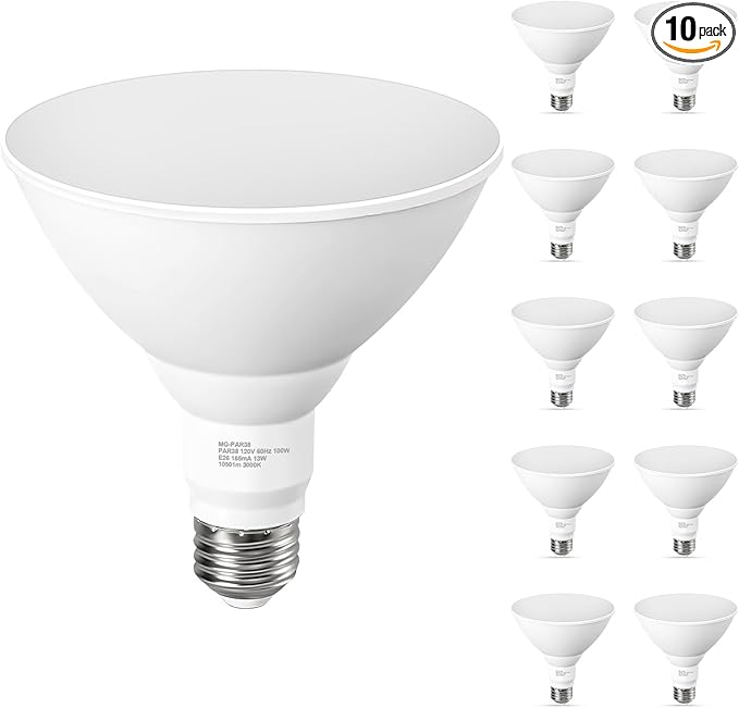 10 Pack PAR38 LED Outdoor Flood Light Bulbs, 100W Equivalent, 3000K Warm White, 13W Dimmable, Waterproof LED Floodlight for Porch Yard Garage, E26 Base, 1050LM,15,000 Hrs