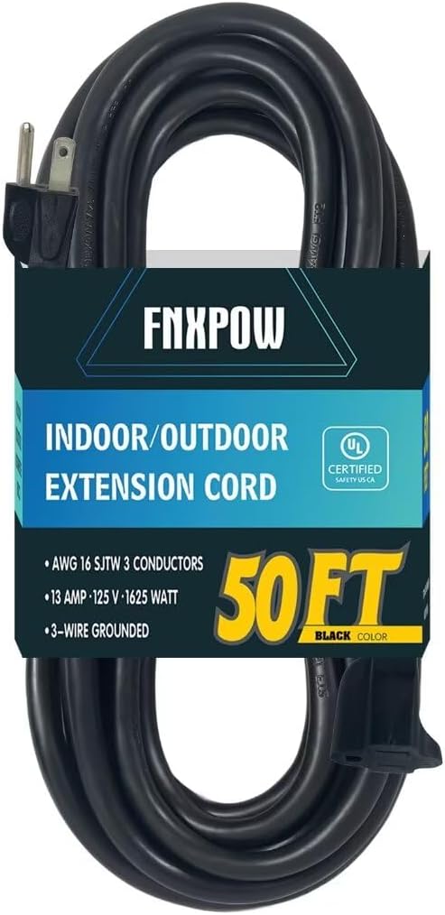 Indoor Outdoor Extension Cord 50 FT Waterproof, 16/3 Gauge Heavy Duty Black Extension Cords, 13A 1625W SJTW Extension Cord with 3 Prong Grounded Plug, Great for Tools, Lights, UL Listed.