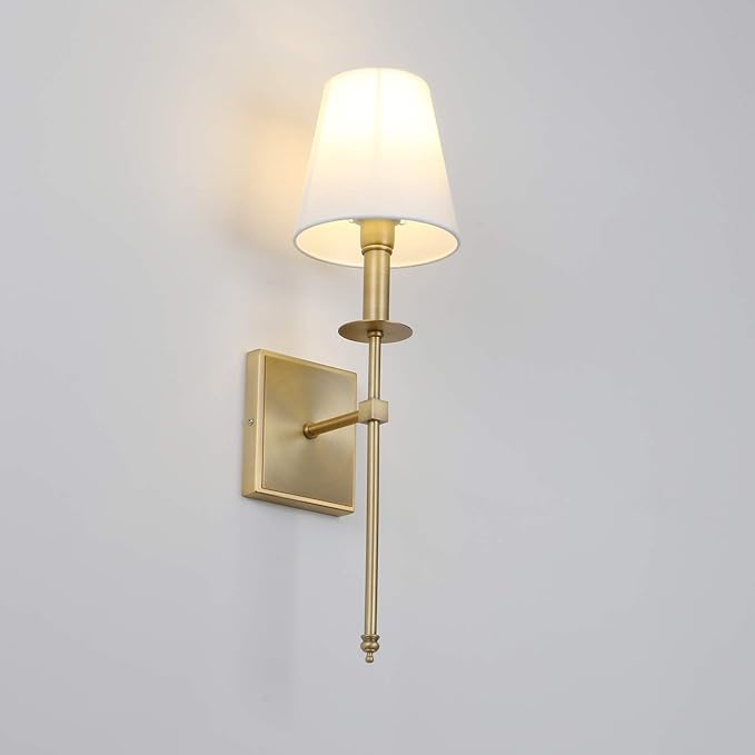 PERMO Single Classic Rustic Industrial Wall Sconce Lighting Fixture with Flared White Textile Lamp Shade and Antique Brass Tapered Column Stand, Hardwired, E26 Base