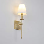 PERMO Single Classic Rustic Industrial Wall Sconce Lighting Fixture with Flared White Textile Lamp Shade and Antique Brass Tapered Column Stand, Hardwired, E26 Base