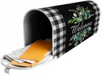 Kawani Buffalo Plaid Mailbox Cover - Black & White Plaid with Leaves - Magnetic Welcome - Standard Size 25.5 x 21 Inches