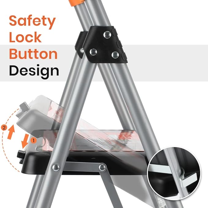 2 Step Ladder Folding Step Stool, 330lbs Heavy-Duty Steel Ladder with Anti-Slip Wide Pedals & Comfort Handgrip, Lightweight & Portable for Home, Kitchen, Garage