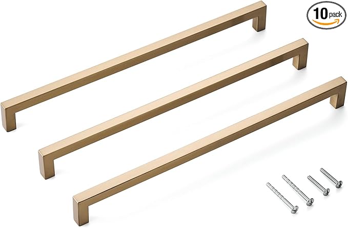 10 Pack 12.6 Inch (Center to Center 320mm) Cabinet Handles Modern Square Champagne Cabinet Pulls for Wardrobe Door Stainless Steel Kitchen Cabinet Handles Hardware