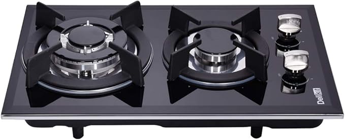 12 Inch Dual Fuel Gas Cooktop - Sealed 2 Burners, Tempered Glass, Drop-in Gas Hob DK123-A01S, Black