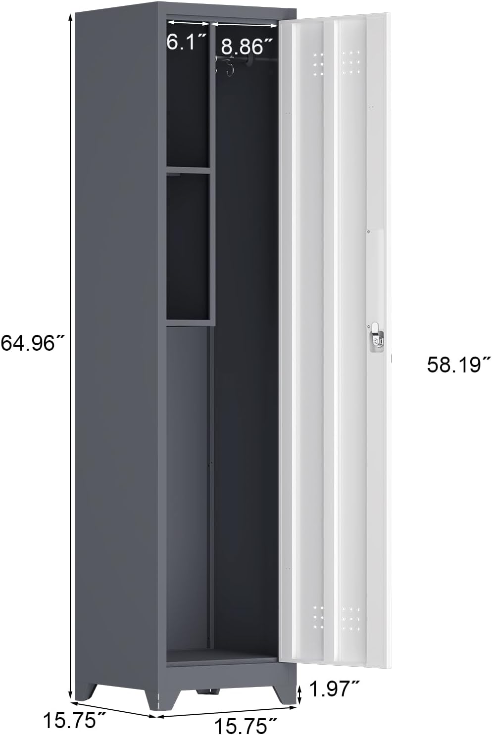 Storage Cabinet,Slim Broom Closet Storage Cabinets with Lockable Doors,Narrow Utility Cabinets with Hanging Rod,Tall Broom Closet for Laundry,Home Office,Grey-White