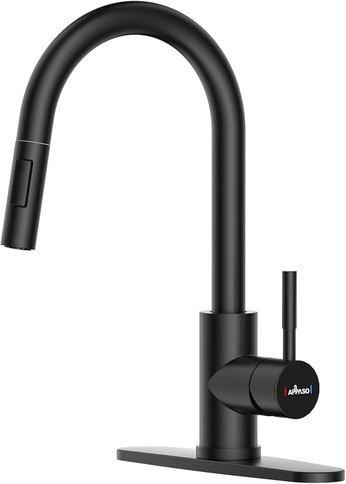 APPASO Kitchen Faucet with Pull Down Matte Black, Single-Handle High Arc Swan-Neck Modern Kitchen Sink Faucet with Optional Deck Plate Stainless Steel