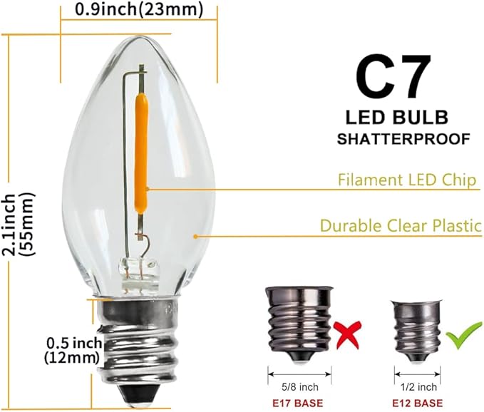 KGC 25Pack C7 LED Christmas Light Bulb, E12 Base LED Bulbs, 0.6W 2200K Warm White 50LM, Clear Plastic Night Lights C7 Replacement Bulbs for Christmas String Lights.