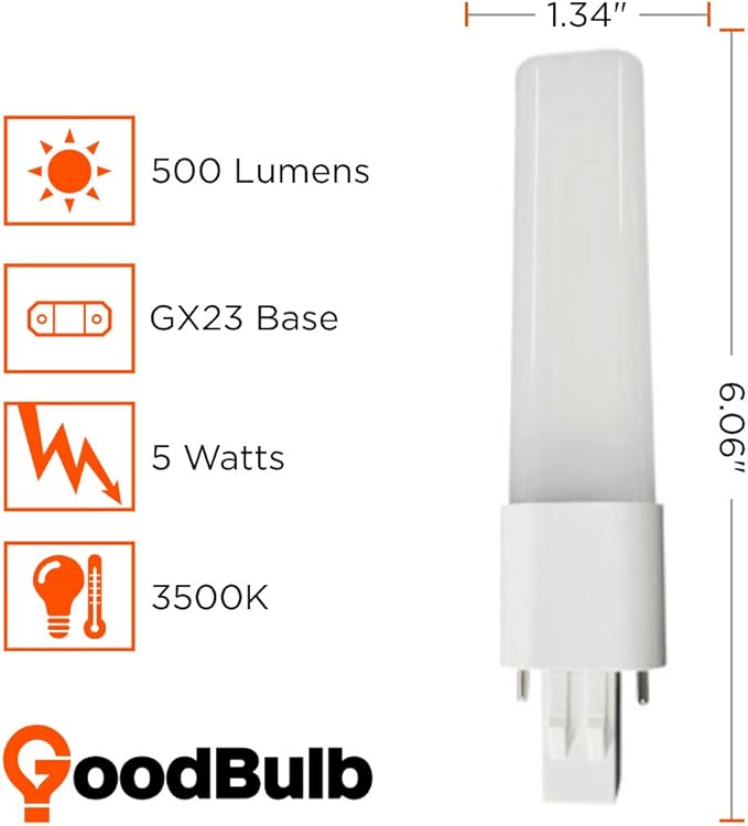 GoodBulb 7 Watt Replacement Horizontal LED Plug-in Light Bulbs | Commercial 5 Watt Hybrid 2 Pin GX23 Base 3500K Neutral White | High Output 500 Lumens | 120° Beam LED PL Light Bulbs | 10 Pack