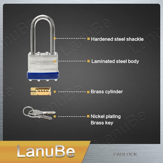 LanuBe Lock Laminated Steel Keyed Padlock,Keyed Alike Locks, Long Shackle Padlock,Pack of 12