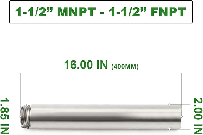 TAISHER 1PCS Stainless Steel Pipe Fittings, 1-1/2" NPT Male x 1-1/2" NPT Female Threaded, 16" Length Nipple Cast Pipe