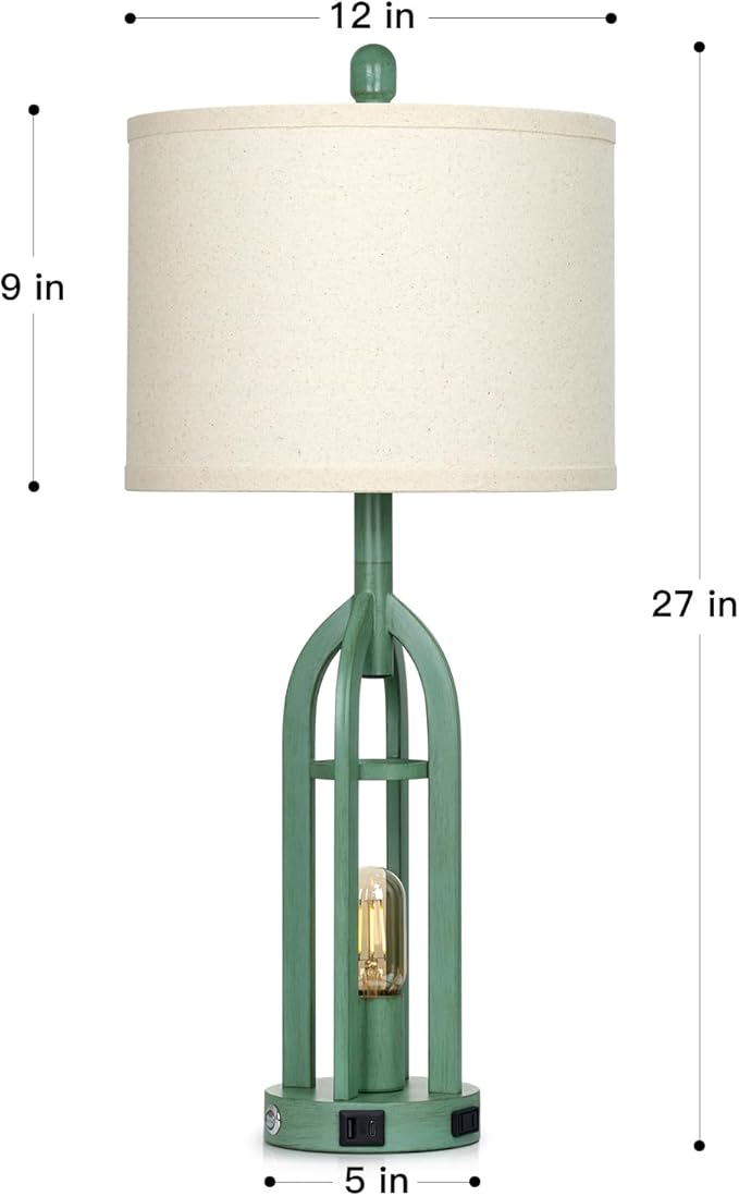 27" Tall Vintage Table Lamp Set of 2 with USB C+A & Outlet,Farmhouse Green Table Lamp for Living Room,Retro Bedside Lamps with Night Light for Bedroom Entryway,Green