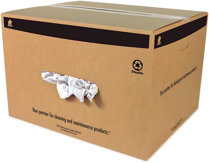 Buffalo Industries (10525) Absorbent White Recycled T-Shirt Cloth Rags - 50 lb. box - For All-purpose Wiping, Cleaning, and Polishing - Made from 100% Recycled Materials