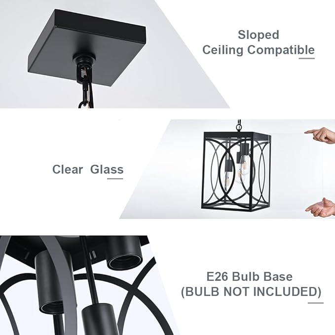 Outdoor Pendant Light Fixture, 3-Light Black Large Exterior Hanging Lantern with Clear Glass, Metal Outdoor Chandelier Porch Lighting for Front Porch Entrance