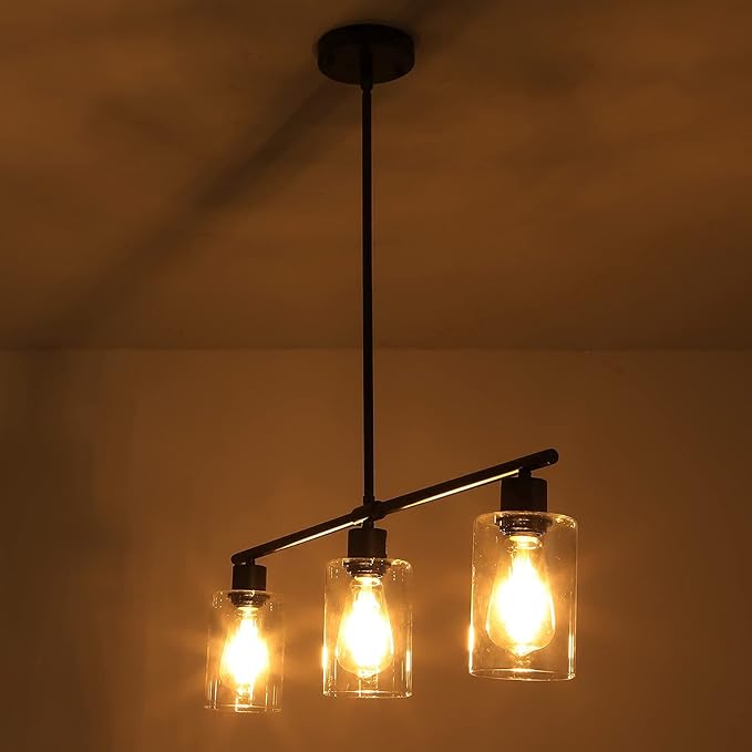 Black Kitchen Island Lighting 3-Light Modern Pendant Light Fixture with Glass Shades Rustic Farmhouse Chandelier Hanging Light Fixtures for Kitchen Island Living Dining Room Bedroom Foyer