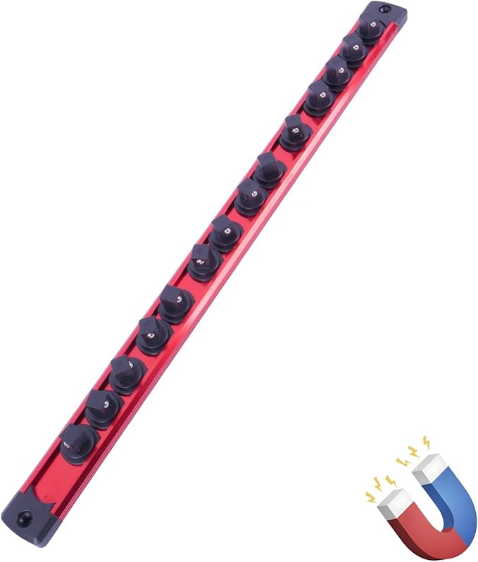 Magnetic Socket Holder Organizer Set:3/8-Inch Drive Socket Trays Socket, 360° Swivel 14 Clips Socket Holder Kit, For Automotive Mechanic Garage (Red)