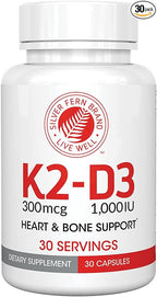 Silver Fern Vitamin K2-D3 Supplement Brand - Natural, Non-Synthetic - K2-7 as Menaquinone-7 (MK-7) - D3 as cholecalciferol - Bone, Heart & Energy Support (1 Bottle - 30 Capsules - 30 Servings)
