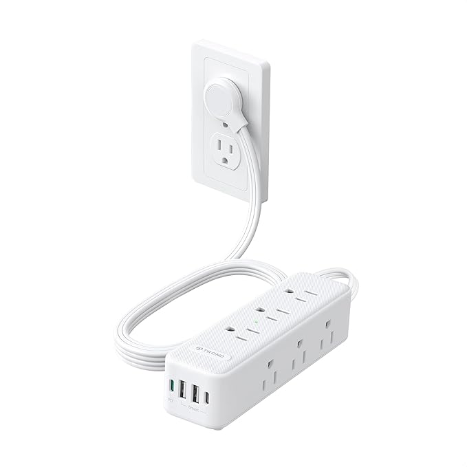 TROND Surge Protector Power Strip: 9 Widely Spaced AC Outlets with 20W USB C Charger Power Strip, 10ft Flat Plug Extension Cord, Wall Mount, Desk Charging Station, Office Hotel Dorm Essentials, White