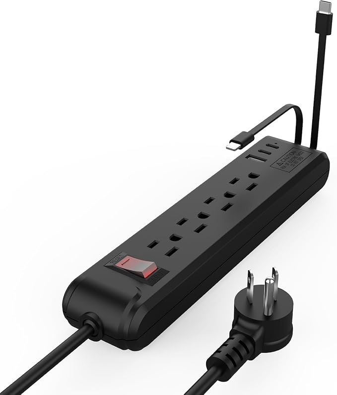 4-Outlet 6.5Ft Long Cord 2500W Power Strip Build-in Charging Cable and2 Type C (PD 23W) & USB (QC 3.0 5V3A) Fast Charging Ports Black