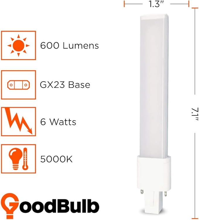 GoodBulb 9 Watt Replacement Horizontal LED Plug-in Light Bulbs | Commercial 6 Watt Hybrid 2 Pin GX23 Base 5000K Daylight | High Output 600 Lumens | 180° Beam LED PL Light Bulbs | 10 Pack
