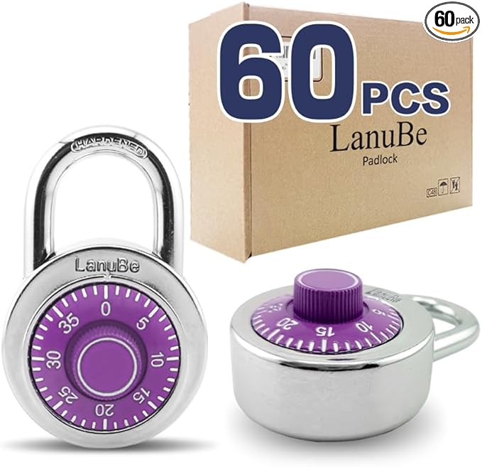 LanuBe Standard Dial Combination Lock, 2 inches. Wide, with Different Combinations, Purple Turnplate, Pack of 60; Lock for School, Employee, Gym Sports Locker, Case, Toolbox