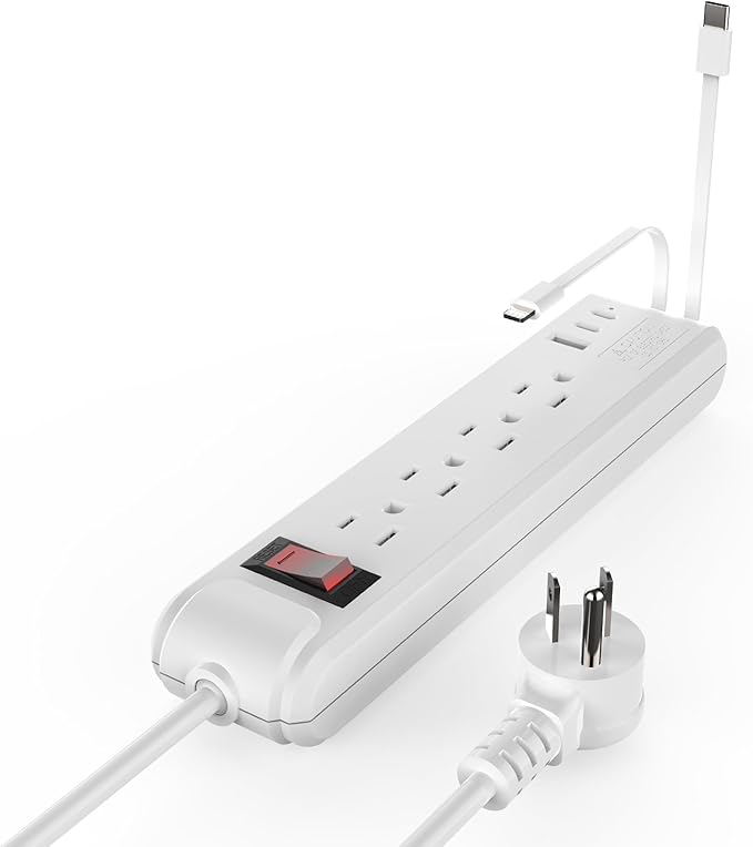 4-Outlet 6.5Ft Long Cord 2500W Power Strip Build-in Charging Cable and2 Type C (PD 23W) & USB (QC 3.0 5V3A) Fast Charging Ports (White)
