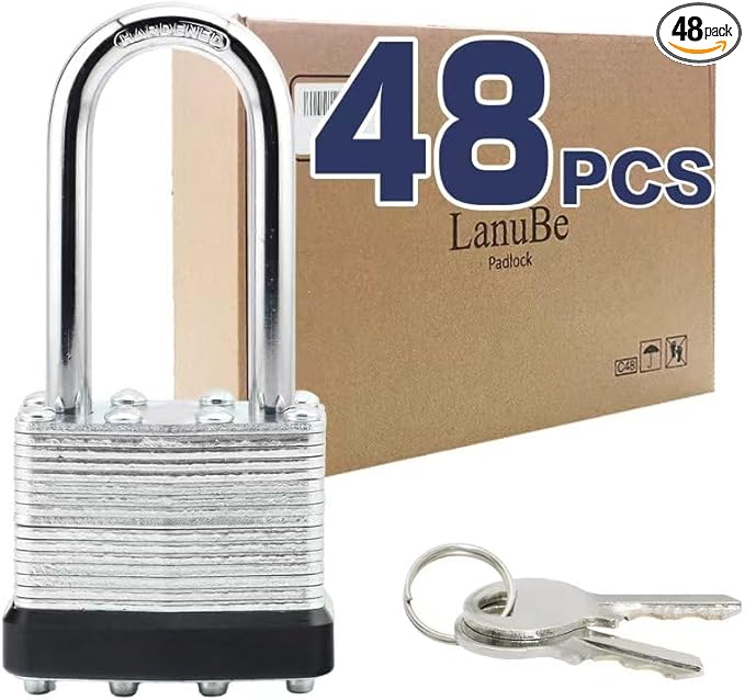 LanuBe Lock Laminated keyed Padlock (1-9/16", 40mm), keyed Alike Locks, Long Shackle,Marked Black Plastic Hoop, Pack of 48