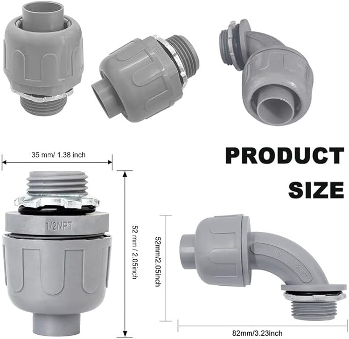 1/2 inch Liquid Tight Connector PVC Flexible Conduit Connector UL Listed Liquid Tight Conduit Fittings 20 Pack (10 pcs 180D/10 pcs 90D)