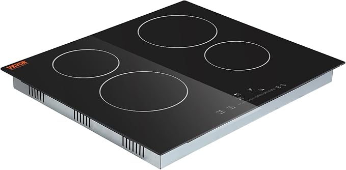 VEVOR LT4-77 Built in Electric Ceramic 23.2 x 20.5 inch Stove Top, 240V Glass Radiant Cooktop with Touch Control, Timer & Child Lock, 9 Power Levels for Simmer Steam Slow Cook Fry, 24IN 4-Burners