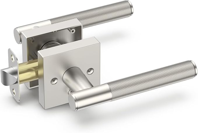 Asidrama 1 Pack Privacy Brushed Satin Nickel Door Handles, Door Lever with Door Knobs Indoor for Bedroom or Bathroom, Brushed Satin Nickel Door Handles Interior with Locks for Left Right Sided Doors