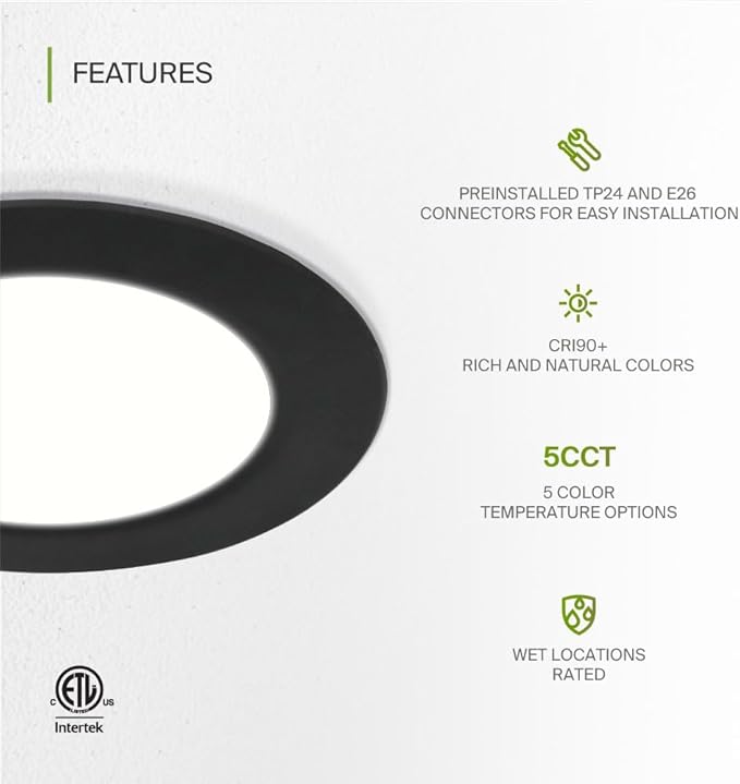 ASD Flat Trim Retrofit LED Recessed Lighting 6 Inch | Ultra Thin Black 12W 971LM Wet Rated Dimmable Downlights | 2700K-5000K Adjustable LED Recessed Light Fixtures | Disk Can Lights, ETL 12 Pack