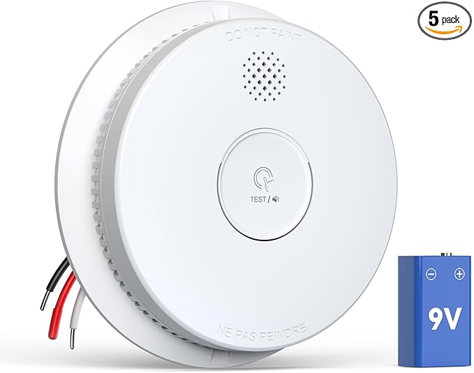 Jemay Smoke Detector, Photoelectric Smoke Alarm with 9V Backup Battery, Hardwired Interconnected Smoke Detector, Fire Alarm with Test/Silence Button for Home, 1 Pack