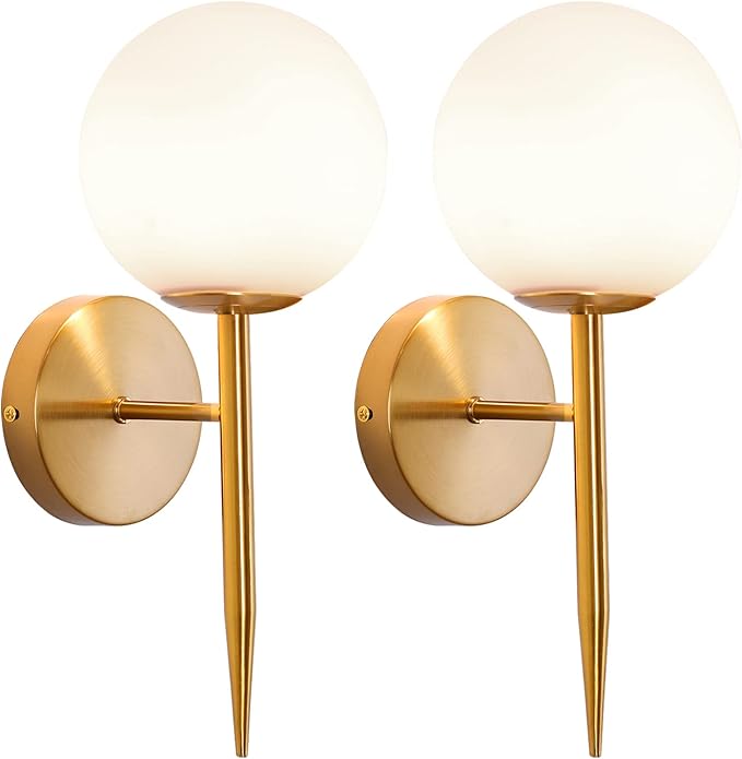 SeeU Brass Wall Sconces Mid Century Style Set of 2,Gold Wall Lamp Fixture,Vanity Light Fixture Wall Lamp with Milky Frosted Globe