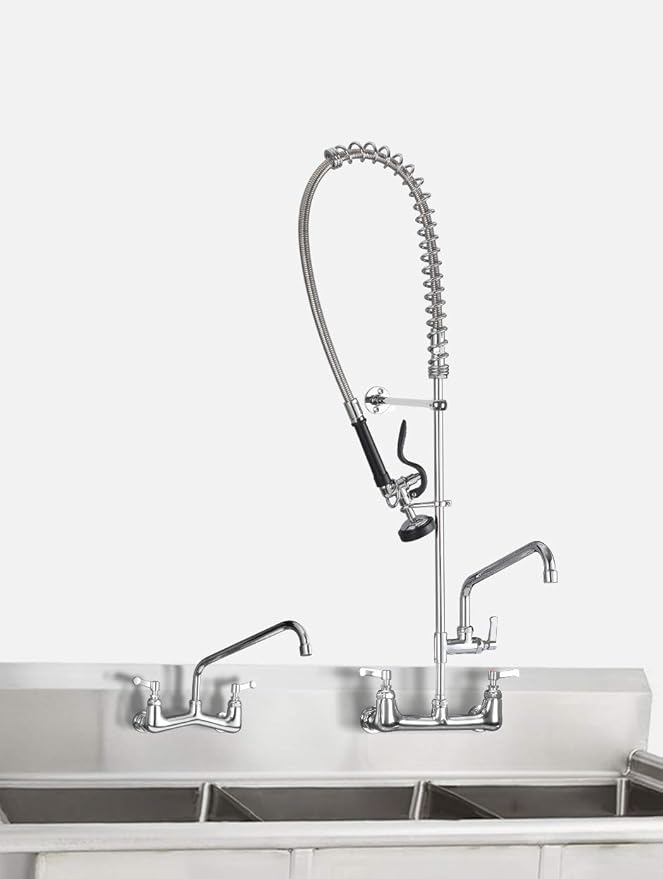 Commercial Kitchen Sink Faucet with Sprayer: 47 Inch Height 8" Center Commercial Wall Mount Faucet with Pull Down Pre Rinse Sprayer and 12" Swing Spout Kitchen Sink Faucet Fit for 2 3 Compartment Sink