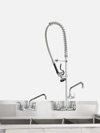 Commercial Kitchen Sink Faucet with Sprayer: 47 Inch Height 8" Center Commercial Wall Mount Faucet with Pull Down Pre Rinse Sprayer and 12" Swing Spout Kitchen Sink Faucet Fit for 2 3 Compartment Sink